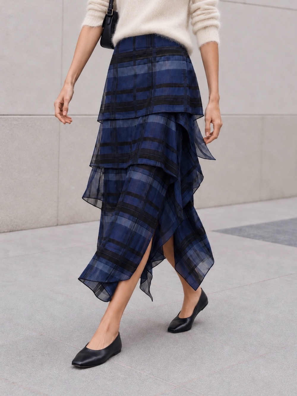 Commense Navy and Black Plaid Tiered Maxi Skirt